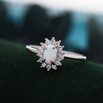 White Opal CZ Halo Oval Ring in Sterling Silver, US 5 - 8, 4x6mm, Lab Opal Stone Ring, Fire Opal Ring