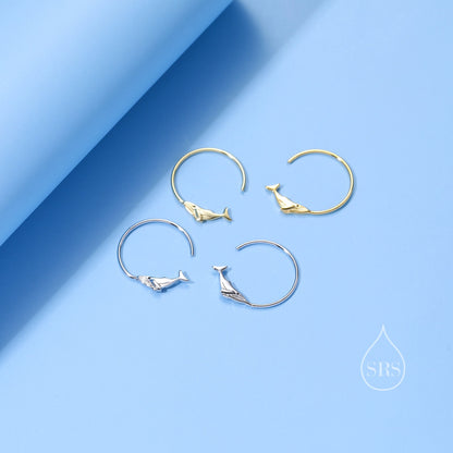 Whale Open Hoop Earrings in Sterling Silver, Silver or Gold, Minimalist Whale Earrings, Simple Whale Earrings