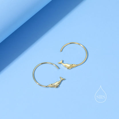 Whale Open Hoop Earrings in Sterling Silver, Silver or Gold, Minimalist Whale Earrings, Simple Whale Earrings