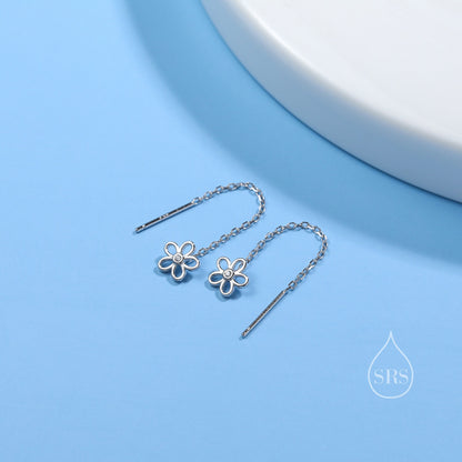 Sterling Silver Tiny Forget Me Not Flower Ear Threaders, Flower Threader Earrings, Daily Dangle Earrings, Daisy Earrings