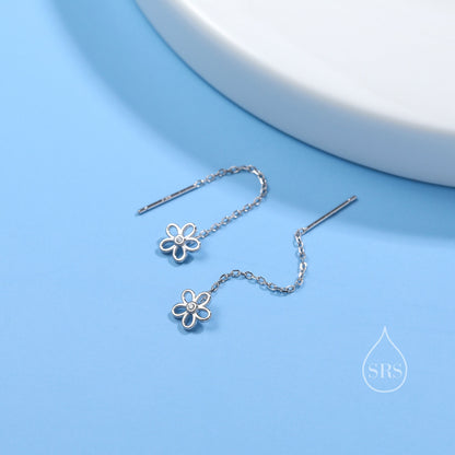 Sterling Silver Tiny Forget Me Not Flower Ear Threaders, Flower Threader Earrings, Daily Dangle Earrings, Daisy Earrings