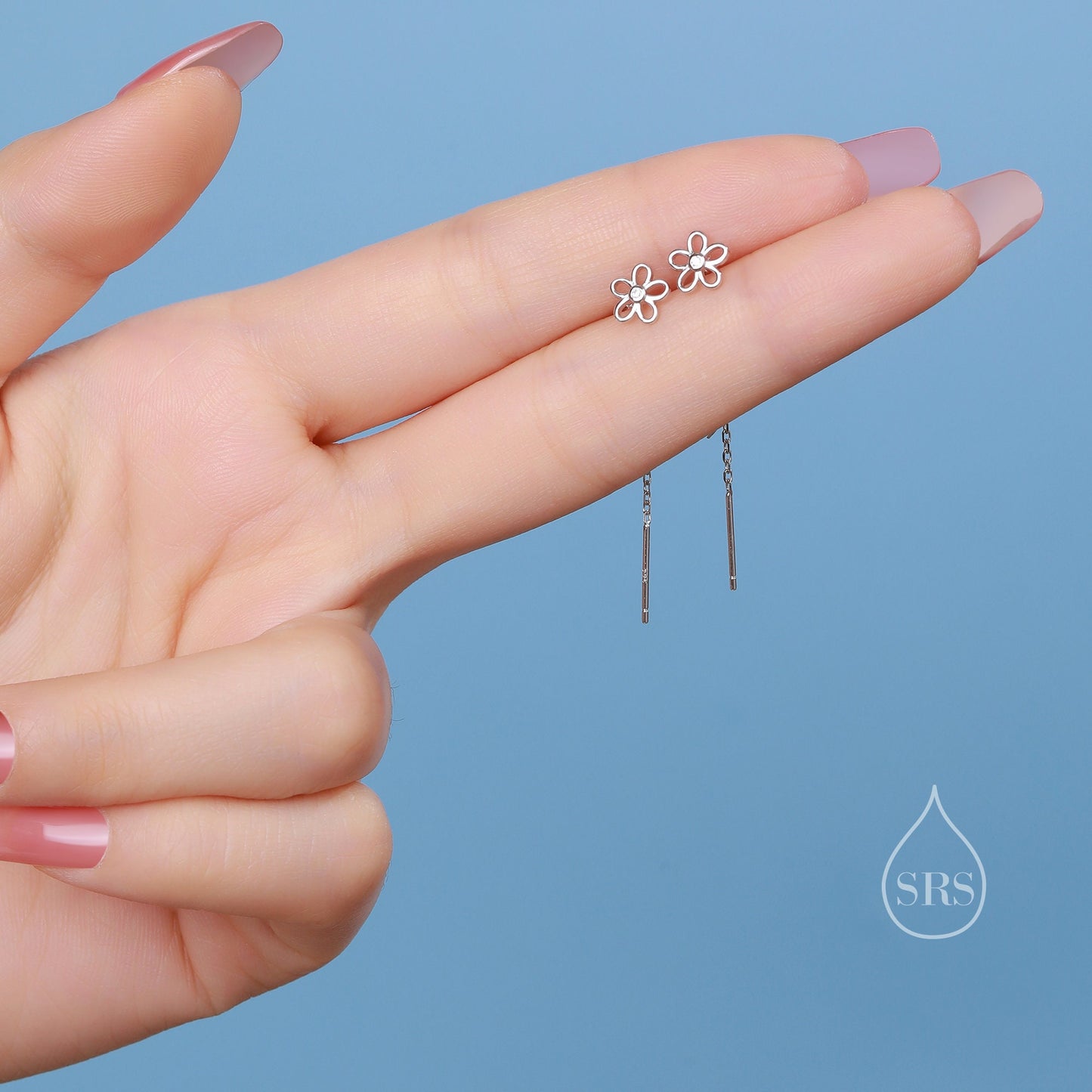 Sterling Silver Tiny Forget Me Not Flower Ear Threaders, Flower Threader Earrings, Daily Dangle Earrings, Daisy Earrings