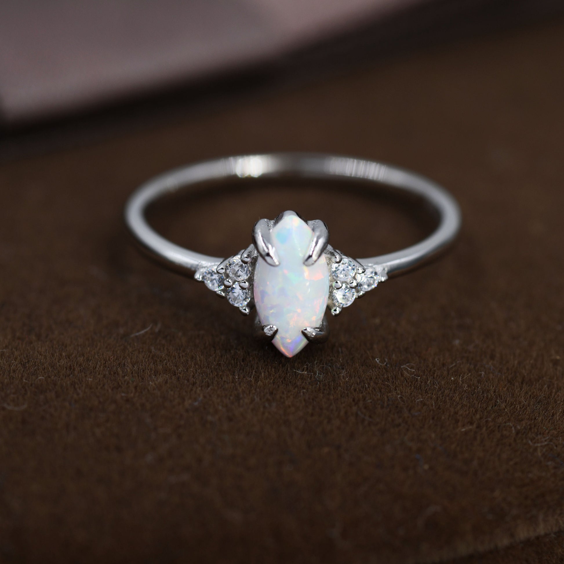 White Opal Marquise and CZ Ring in Sterling Silver, US 5 - 8, Vintage Inspired, 4x8mm, Lab Opal Stone Ring, Fire Opal Ring