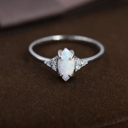White Opal Marquise and CZ Ring in Sterling Silver, US 5 - 8, Vintage Inspired, 4x8mm, Lab Opal Stone Ring, Fire Opal Ring