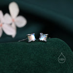 Sterling Silver Moonstone Square Stud Earrings, Prong Set, Mermaid Colour Earrings, Simulated Moonstone Glass Earrings, Minimalist