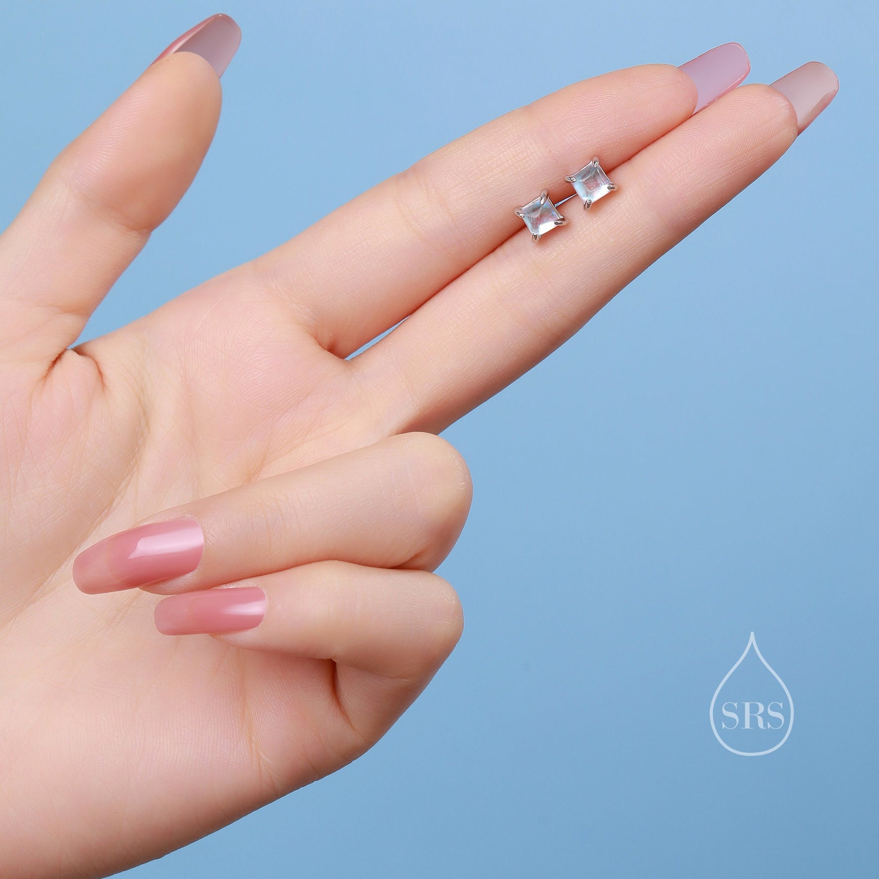Sterling Silver Moonstone Square Stud Earrings, Prong Set, Mermaid Colour Earrings, Simulated Moonstone Glass Earrings, Minimalist