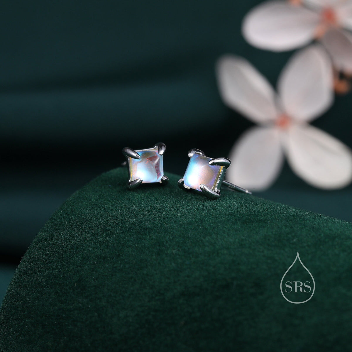 Sterling Silver Moonstone Square Stud Earrings, Prong Set, Mermaid Colour Earrings, Simulated Moonstone Glass Earrings, Minimalist