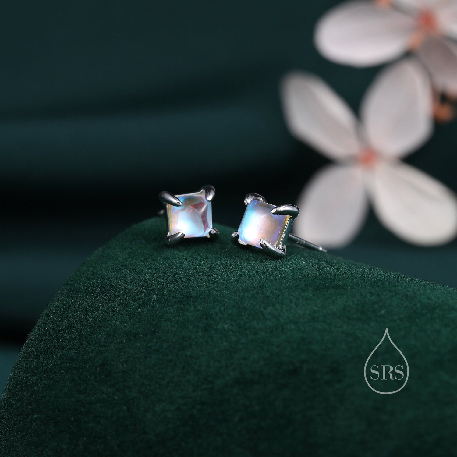 Sterling Silver Moonstone Square Stud Earrings, Prong Set, Mermaid Colour Earrings, Simulated Moonstone Glass Earrings, Minimalist