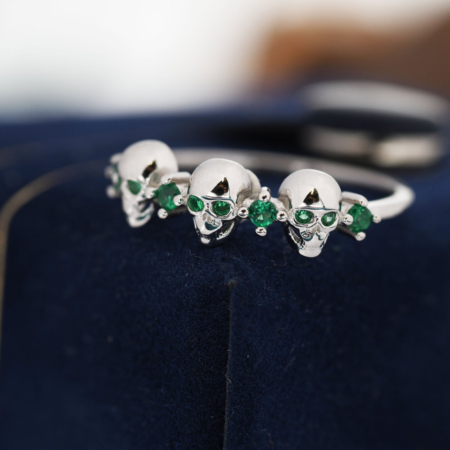 Sterling Silver Triple Skull Ring with Emerald Green CZ, Silver Skull Ring, Tiny Skull Ring, US 5-8, Skeleton Ring