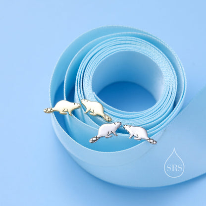 Dainty Beaver Stud Earrings in Sterling Silver, Silver or Gold or Rose Gold, Tiny Silver Beaver Earrings