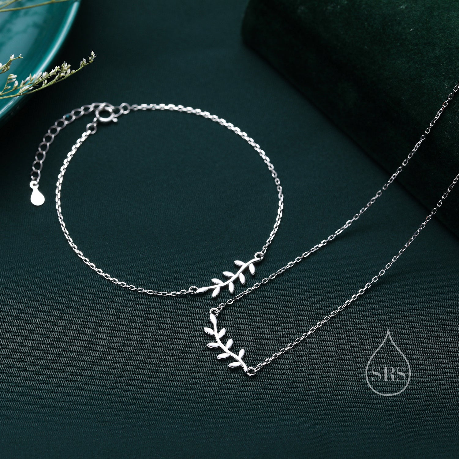 Delicate Leaf Bracelet and Necklace in Sterling Silver, Olive Brach Necklace,  Nature Inspired Tree Leaf Bracelet and Necklace
