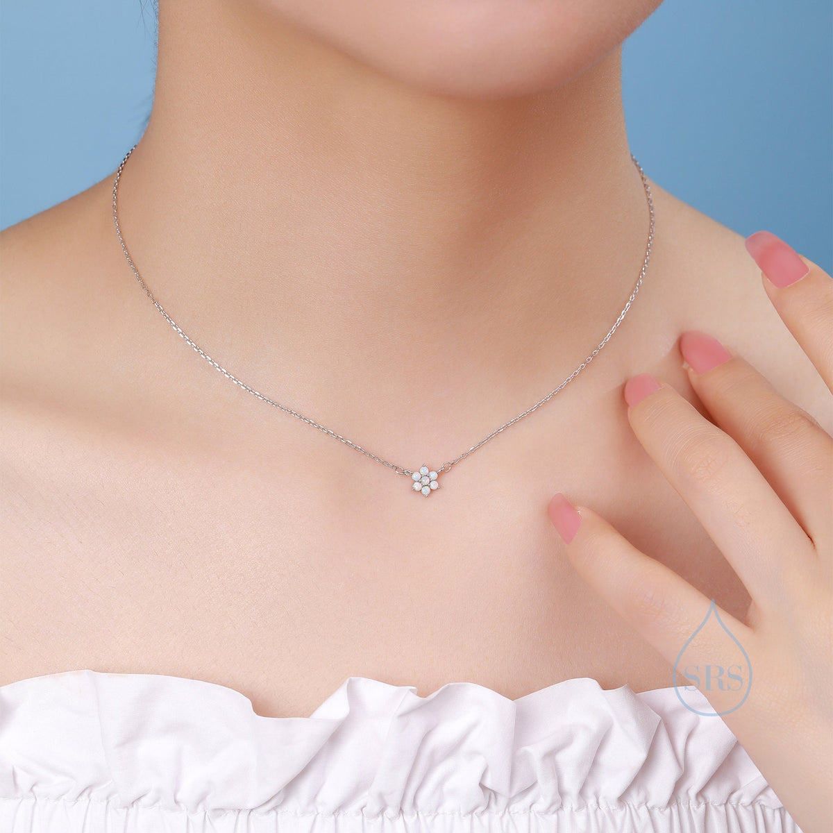 Extra Tiny Fire Opal Flower CZ Pendant Necklace in Sterling Silver, October Birthstone Necklace, Tiny Opal Necklace, Opal Snowflake Necklace