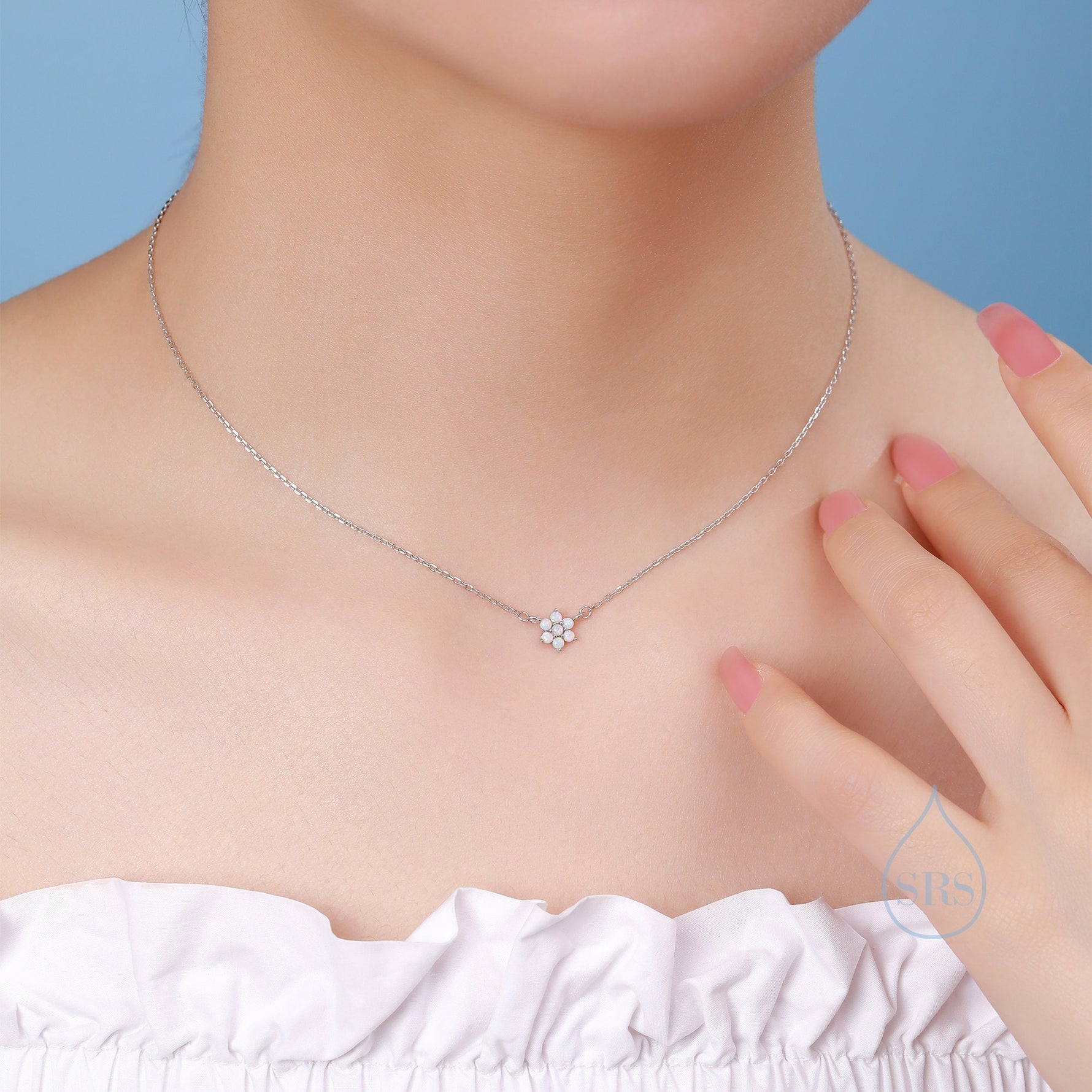 Extra Tiny Fire Opal Flower CZ Pendant Necklace in Sterling Silver, October Birthstone Necklace, Tiny Opal Necklace, Opal Snowflake Necklace