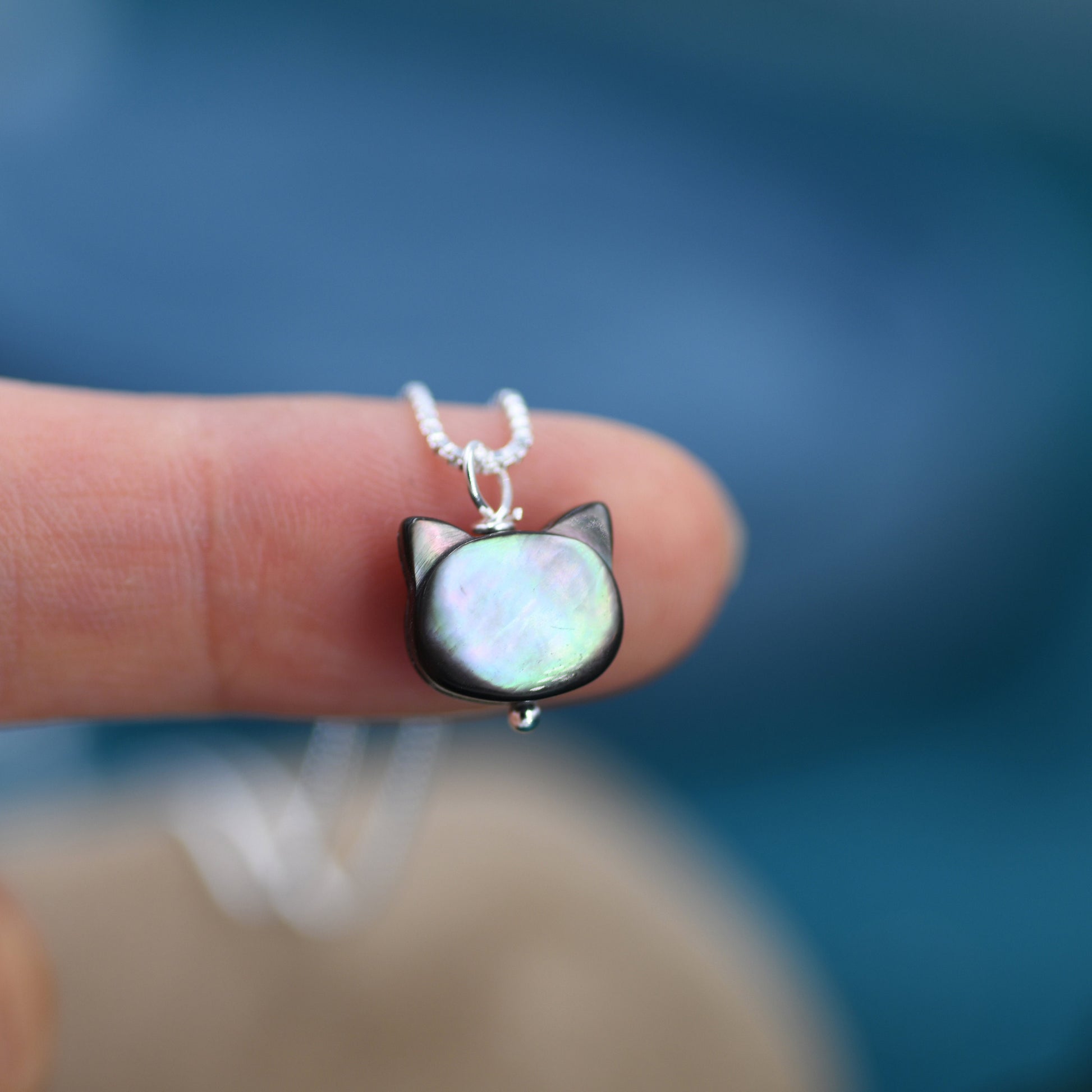 Super Cute Kitty Cat Carved Mother of Pearl Shell Pendant Necklace in Sterling Silver -Black Natural Shell - Cute and Quirky