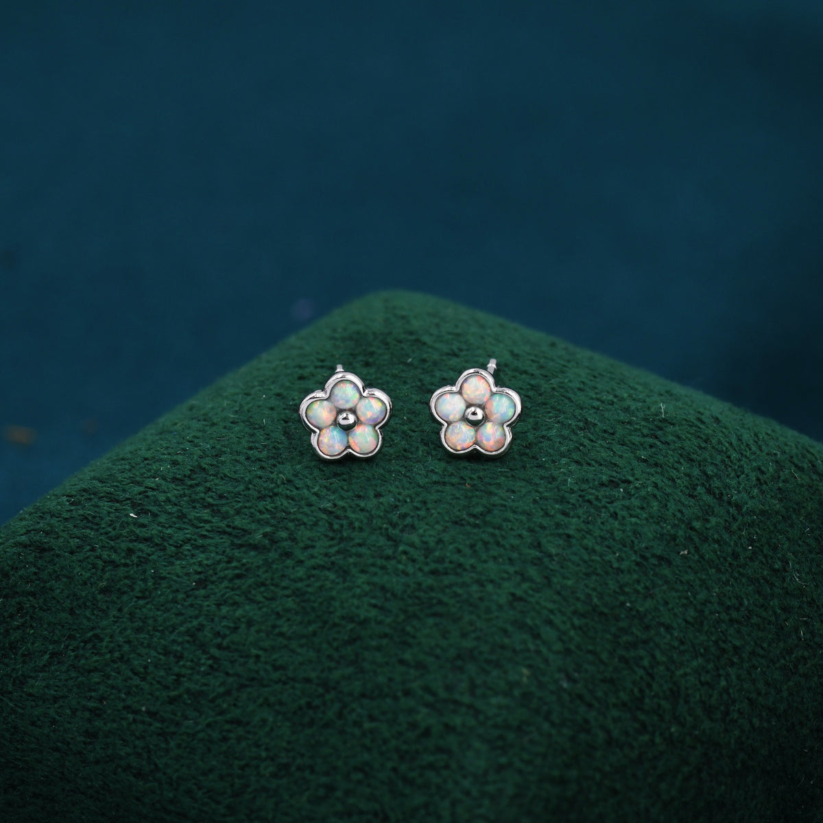 White Opal Flower Stud Earrings in Sterling Silver - Gold or Silver - Opal Forget-me-not - Opal Cluster - Petite Stud Earrings, Fire Opal