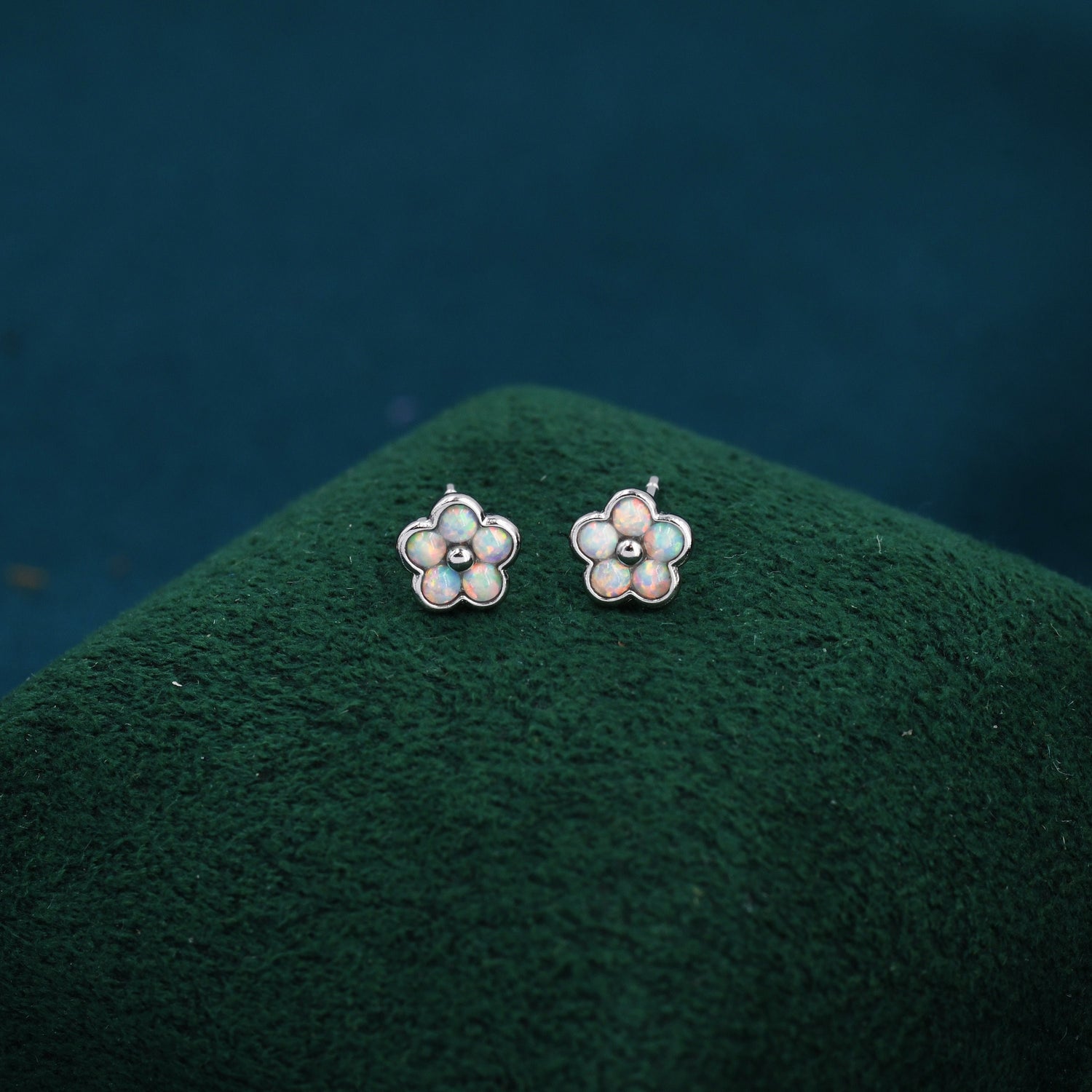 White Opal Flower Stud Earrings in Sterling Silver - Gold or Silver - Opal Forget-me-not - Opal Cluster - Petite Stud Earrings, Fire Opal