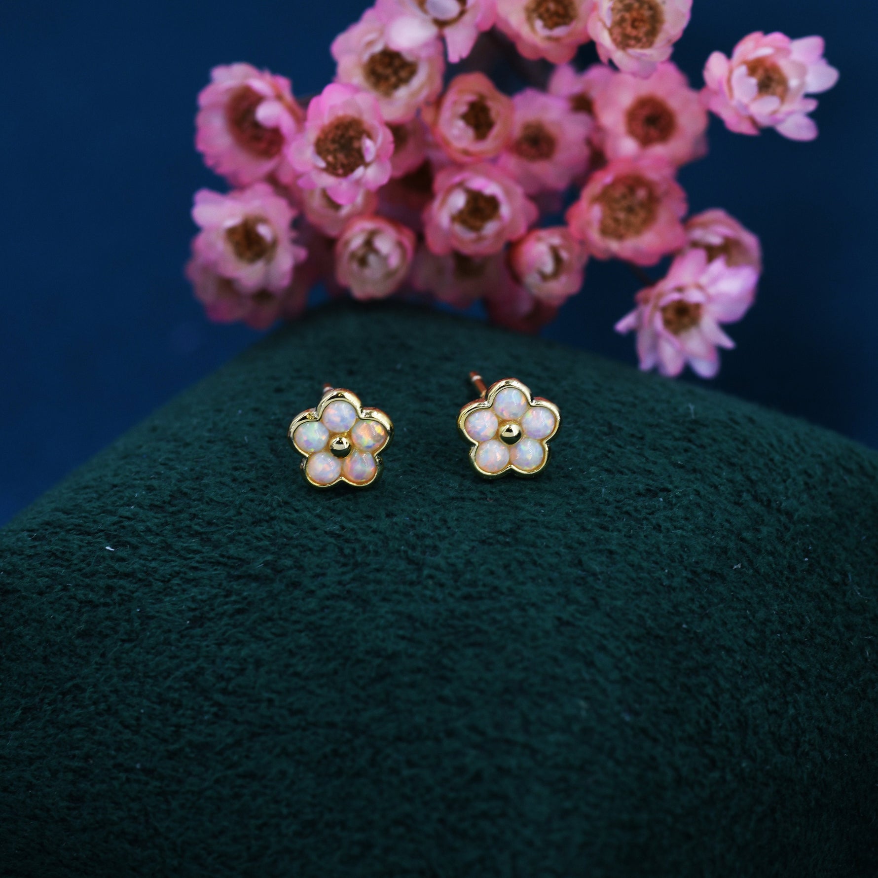 White Opal Flower Stud Earrings in Sterling Silver - Gold or Silver - Opal Forget-me-not - Opal Cluster - Petite Stud Earrings, Fire Opal
