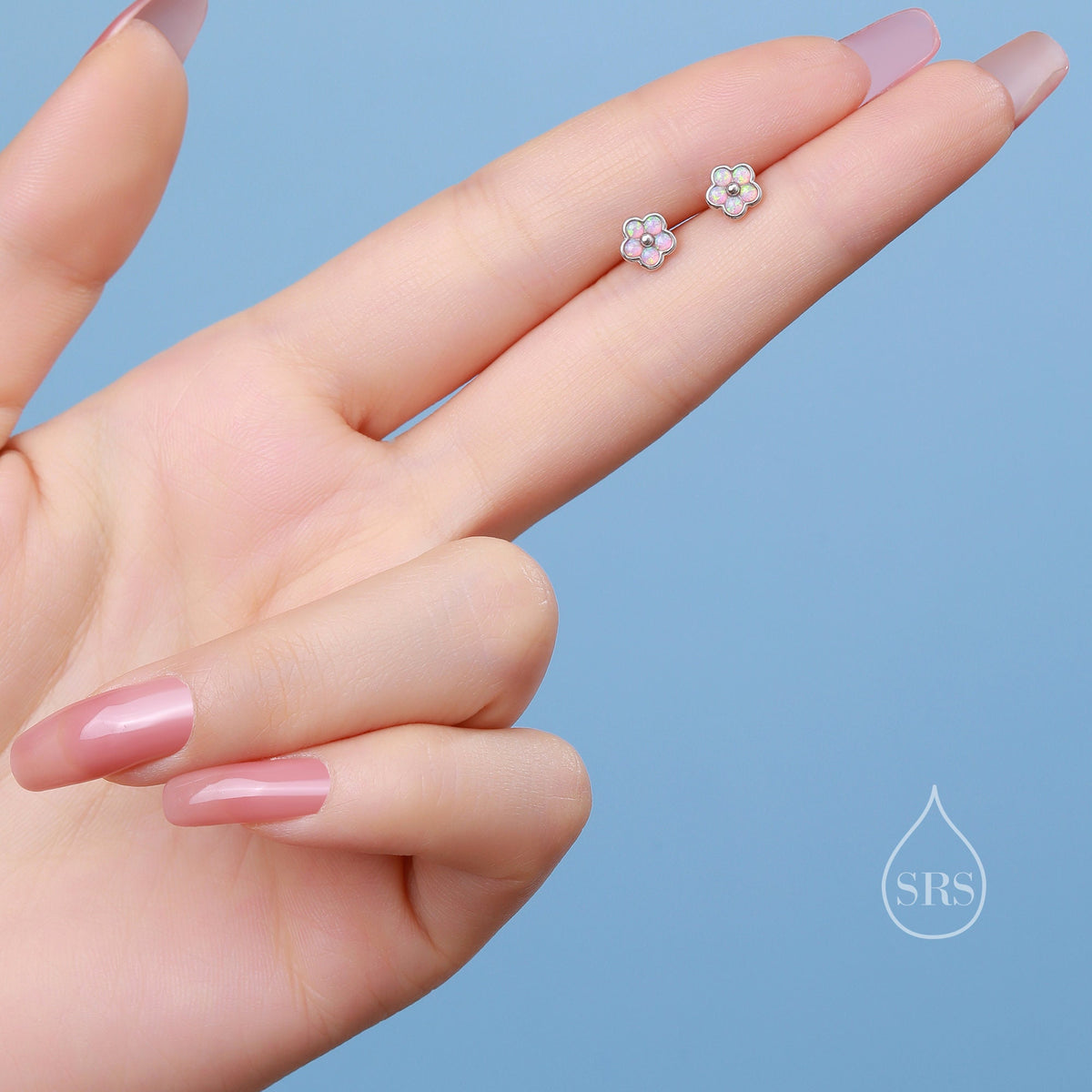 Pink Opal Flower Stud Earrings in Sterling Silver - Gold or Silver - Opal Forget-me-not - Opal Cluster - Petite Stud Earrings, Fire Opal