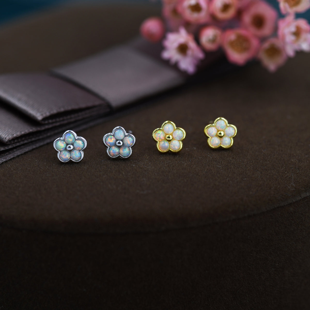 White Opal Flower Stud Earrings in Sterling Silver - Gold or Silver - Opal Forget-me-not - Opal Cluster - Petite Stud Earrings, Fire Opal