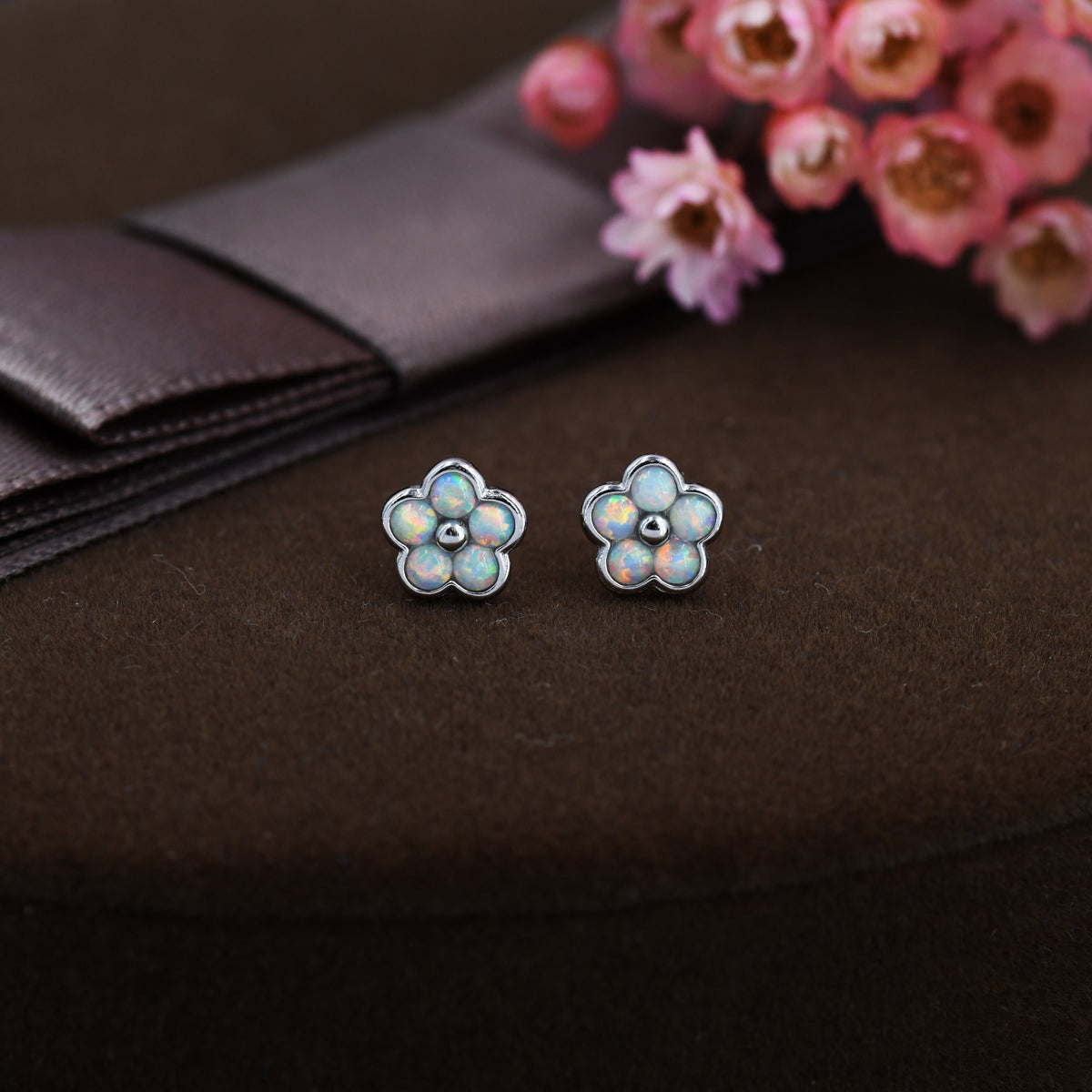 White Opal Flower Stud Earrings in Sterling Silver - Gold or Silver - Opal Forget-me-not - Opal Cluster - Petite Stud Earrings, Fire Opal