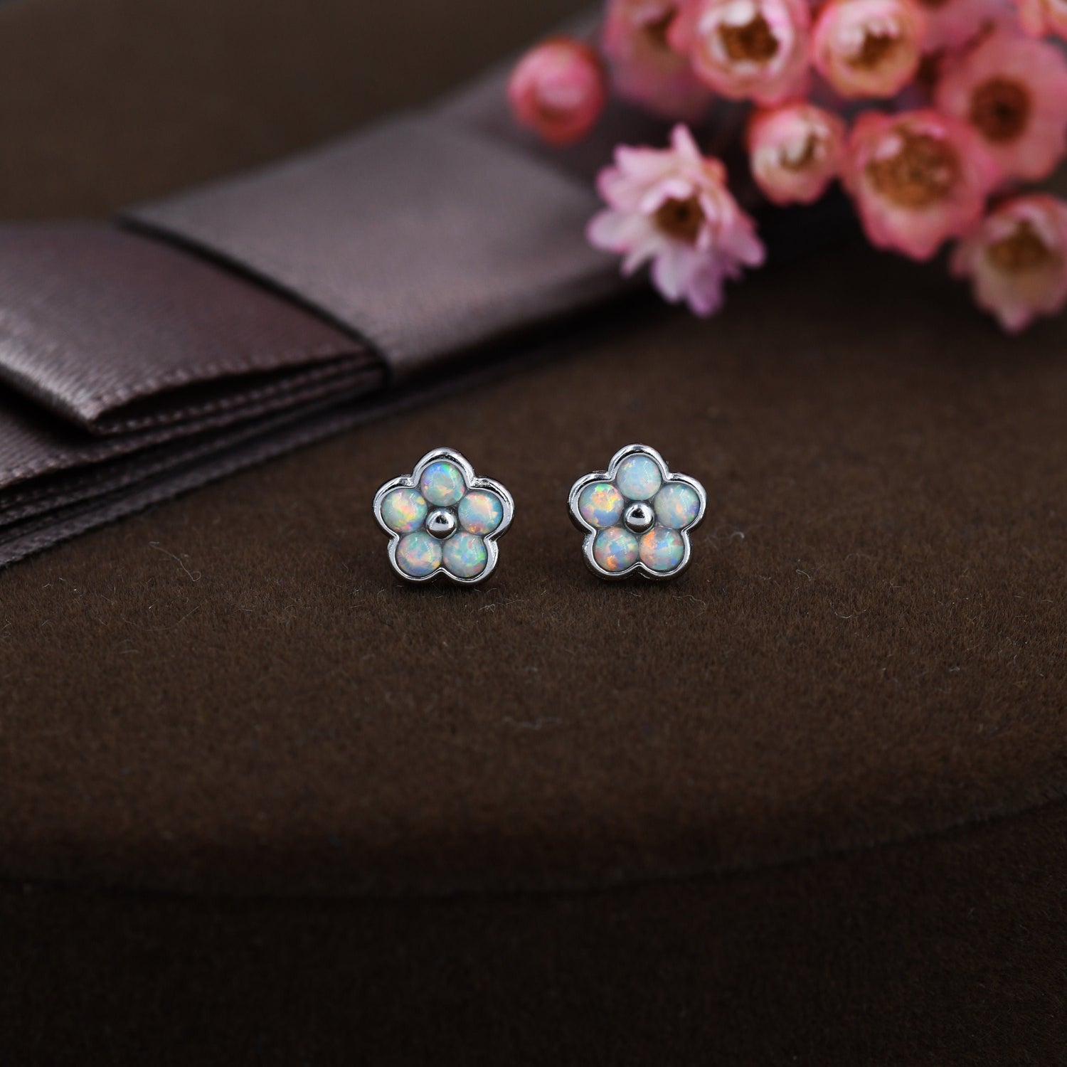 White Opal Flower Stud Earrings in Sterling Silver - Gold or Silver - Opal Forget-me-not - Opal Cluster - Petite Stud Earrings, Fire Opal