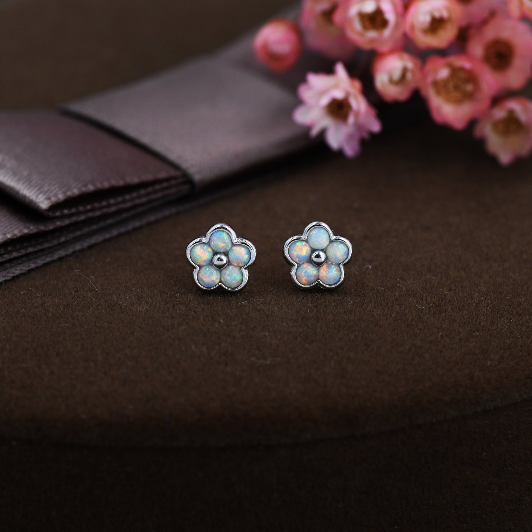 White Opal Flower Stud Earrings in Sterling Silver - Gold or Silver - Opal Forget-me-not - Opal Cluster - Petite Stud Earrings, Fire Opal