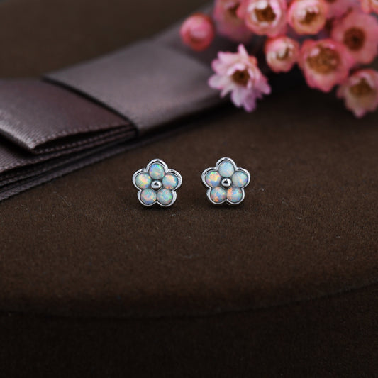 White Opal Flower Stud Earrings in Sterling Silver - Gold or Silver - Opal Forget-me-not - Opal Cluster - Petite Stud Earrings, Fire Opal