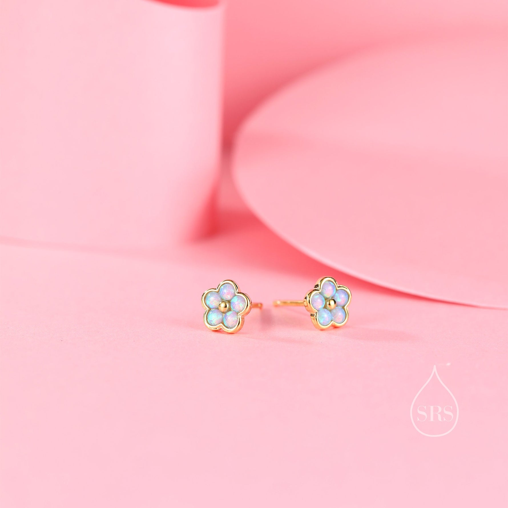 Blue Opal Flower Stud Earrings in Sterling Silver - Gold or Silver - Opal Forget-me-not - Opal Cluster - Petite Stud Earrings, Fire Opal