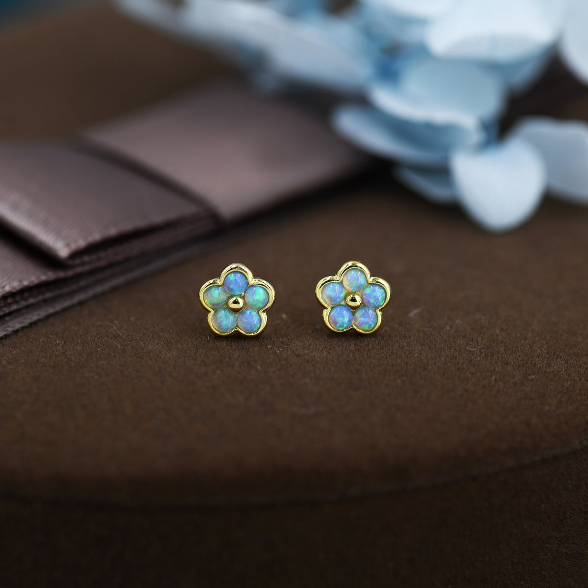 Blue Opal Flower Stud Earrings in Sterling Silver - Gold or Silver - Opal Forget-me-not - Opal Cluster - Petite Stud Earrings, Fire Opal
