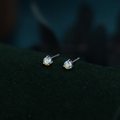 Aurora AB Crystal Tiny CZ Stud Earrings in Sterling Silver, 3mm Colour Changing Crystals, Extra Small