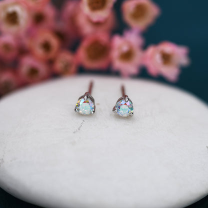 Aurora AB Crystal Tiny CZ Stud Earrings in Sterling Silver, 3mm Colour Changing Crystals, Extra Small