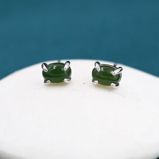 Genuine Green Japer Jade Stone Oval Stud Earrings in Sterling Silver, Jade Stud, Natural Jade Gemstones, Prong Set, Minimalist  Earrings