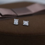 Emerald Cut Diamond CZ Stud Earrings in Sterling Silver, Silver or Gold, Square Cut Crystal Earrings, April Birthstone