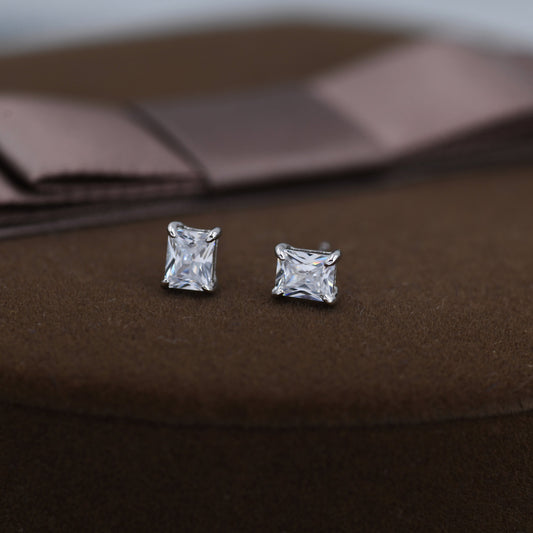 Emerald Cut Diamond CZ Stud Earrings in Sterling Silver,  Silver or Gold, Square Cut Crystal Earrings, April Birthstone