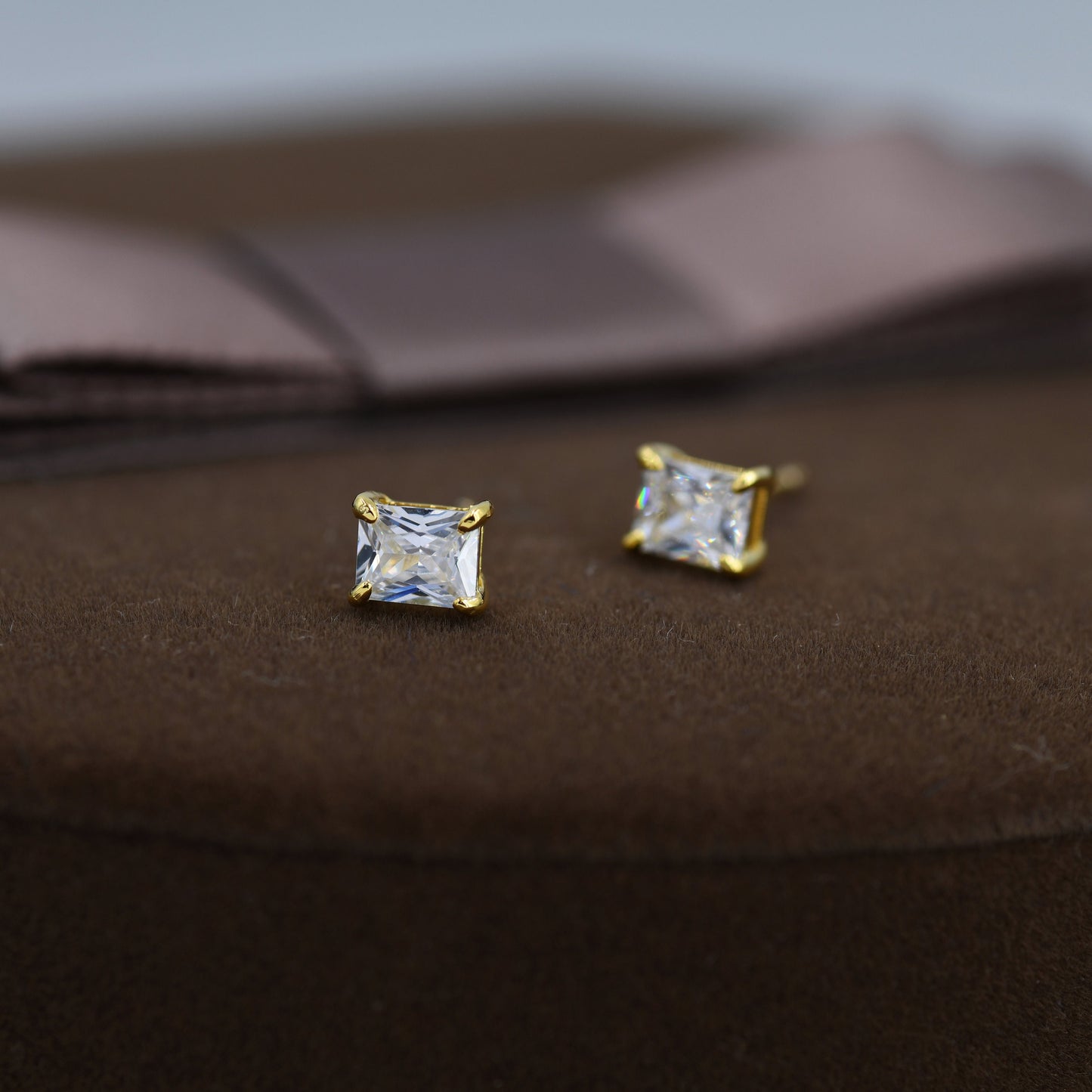 Emerald Cut Diamond CZ Stud Earrings in Sterling Silver,  Silver or Gold, Square Cut Crystal Earrings, April Birthstone