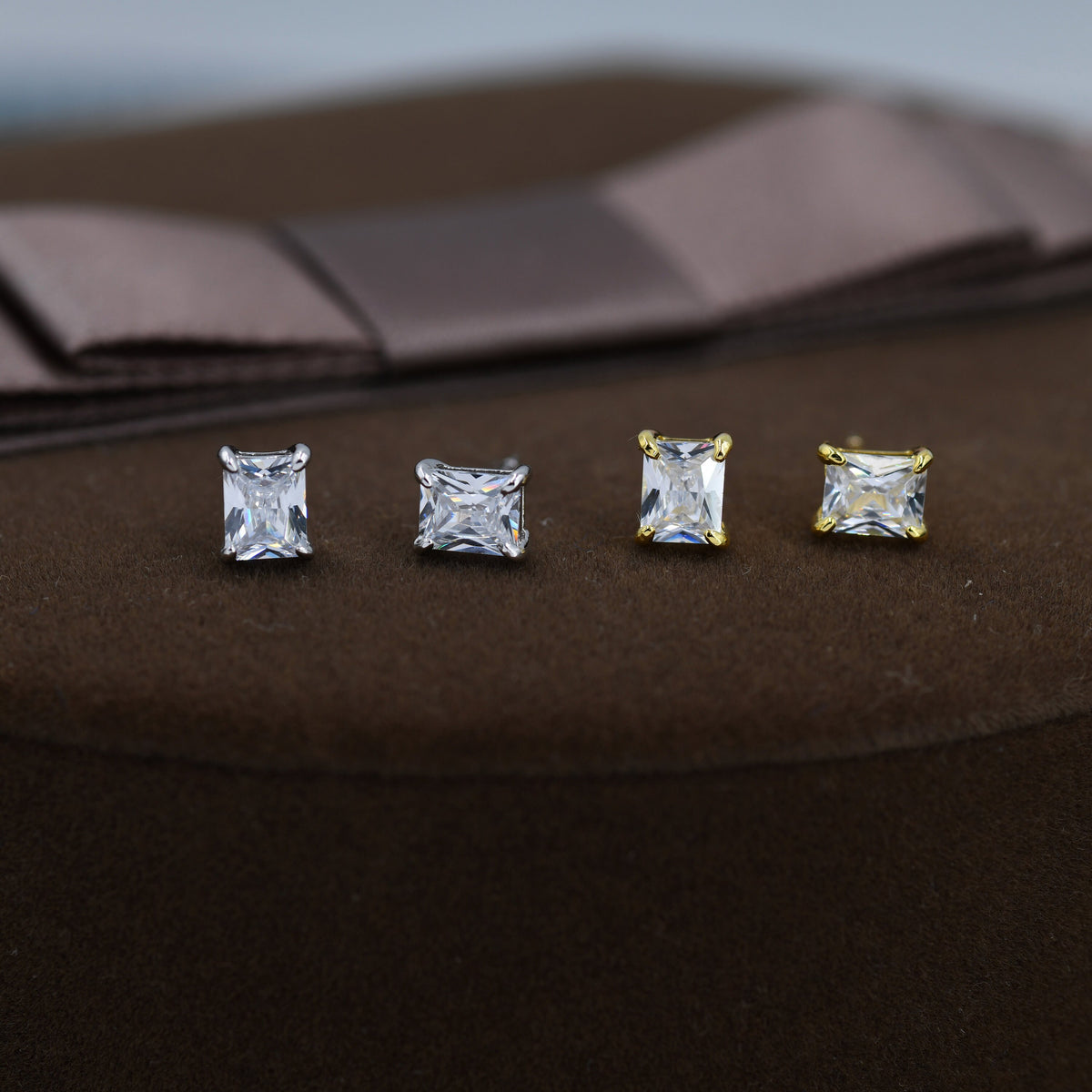 Emerald Cut Diamond CZ Stud Earrings in Sterling Silver, Silver or Gold, Square Cut Crystal Earrings, April Birthstone
