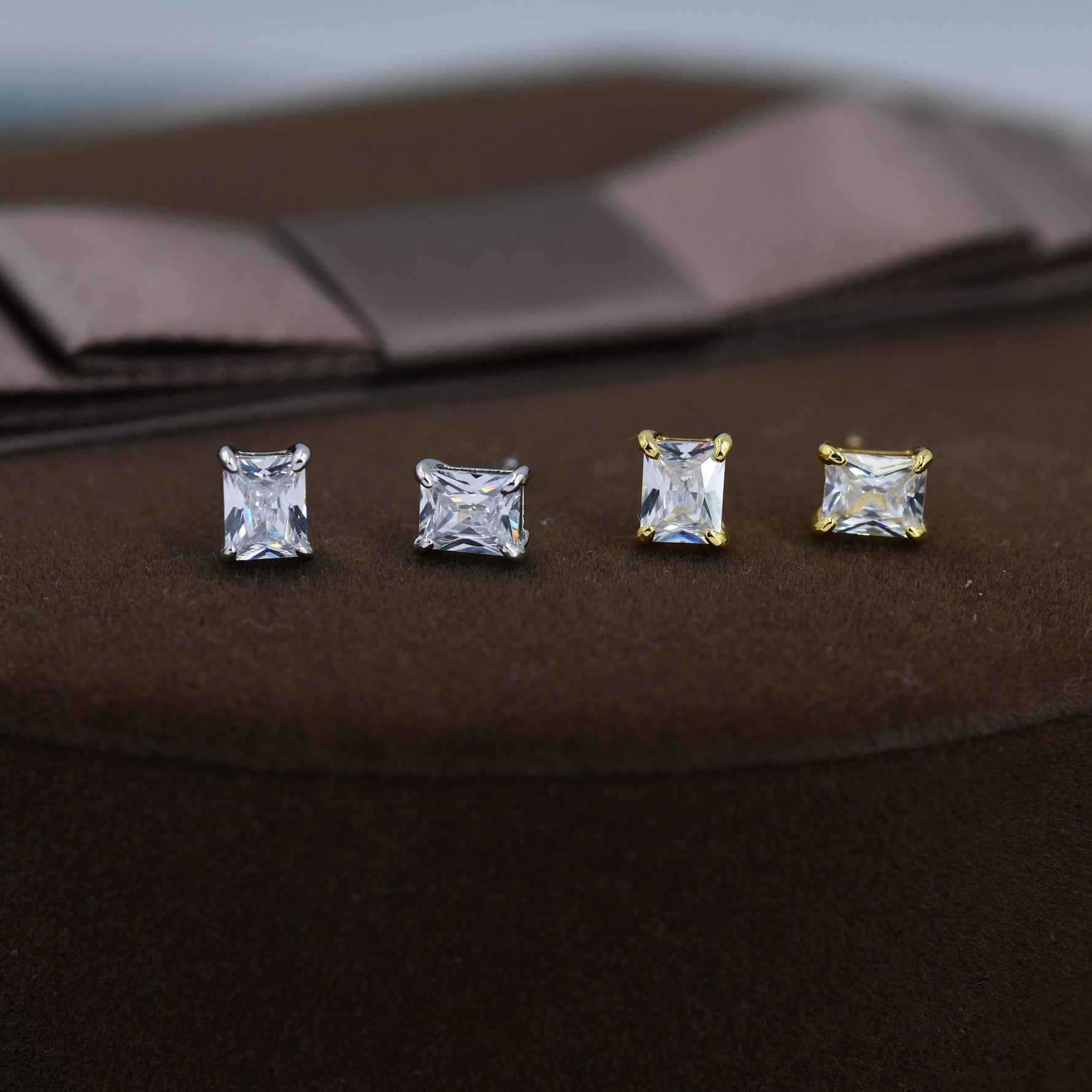 Emerald Cut Diamond CZ Stud Earrings in Sterling Silver, Silver or Gold, Square Cut Crystal Earrings, April Birthstone