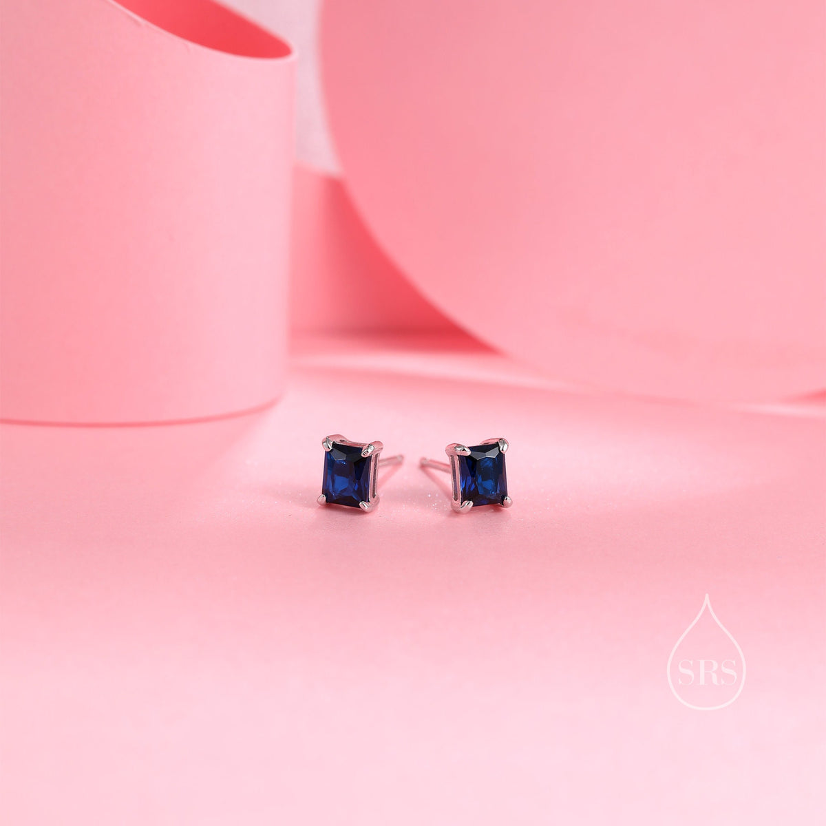 Emerald Cut Sapphire Blue CZ Stud Earrings in Sterling Silver, Silver or Gold, Square Cut Crystal Earrings, September Birthstone