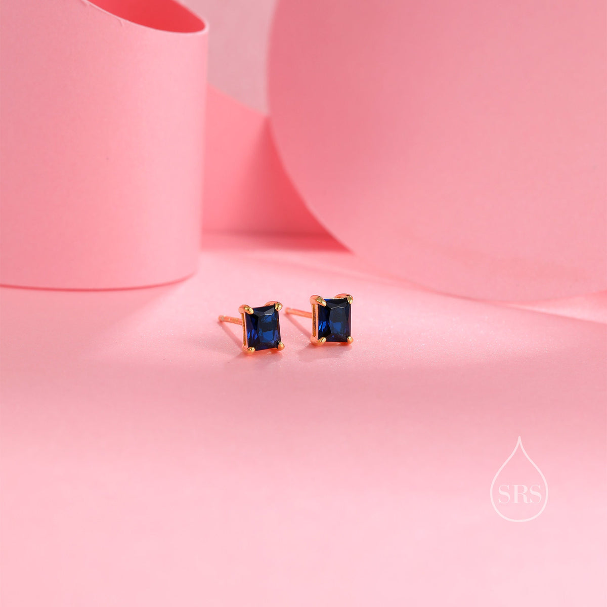 Emerald Cut Sapphire Blue CZ Stud Earrings in Sterling Silver, Silver or Gold, Square Cut Crystal Earrings, September Birthstone