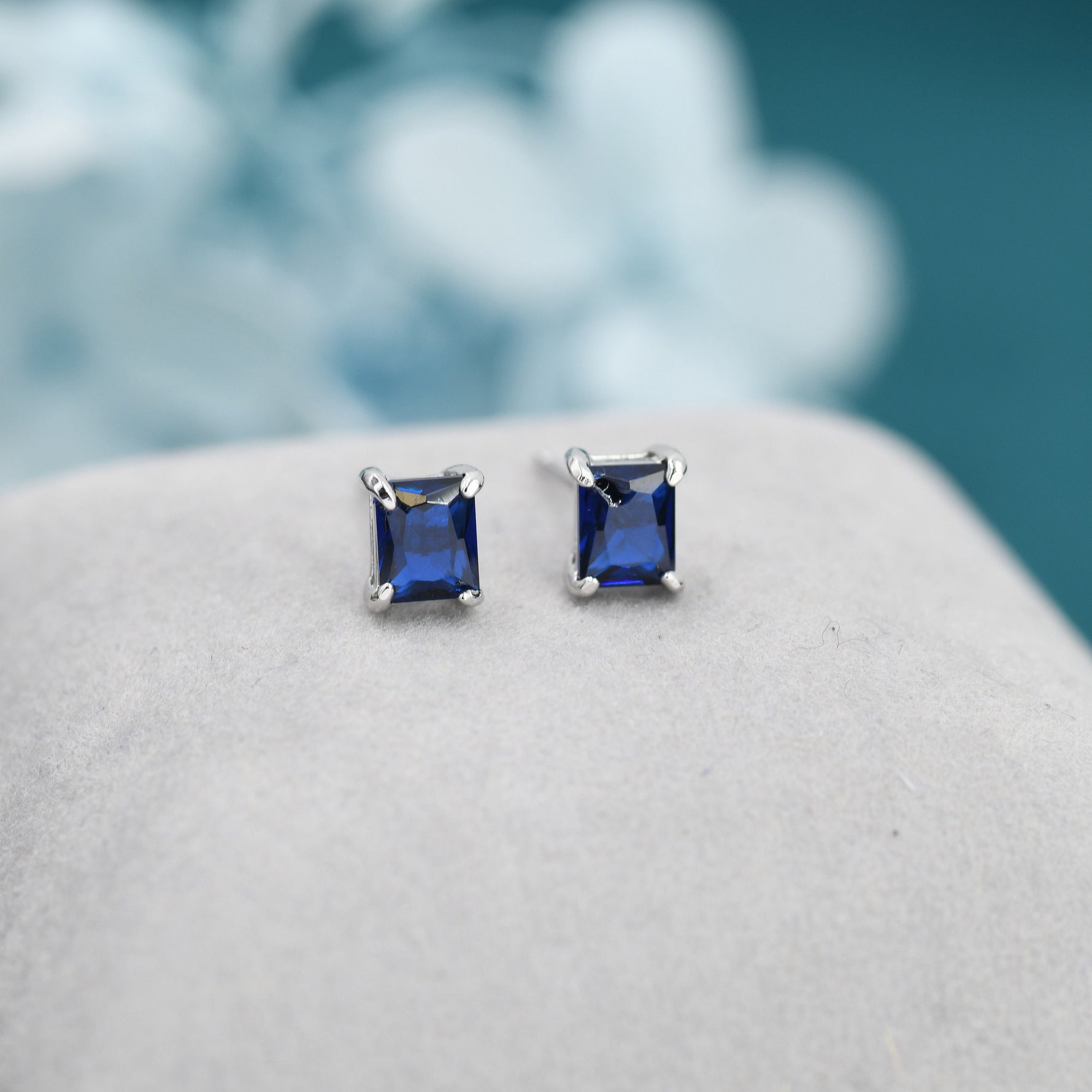 Emerald Cut Sapphire Blue CZ Stud Earrings in Sterling Silver, Silver or Gold, Square Cut Crystal Earrings, September Birthstone
