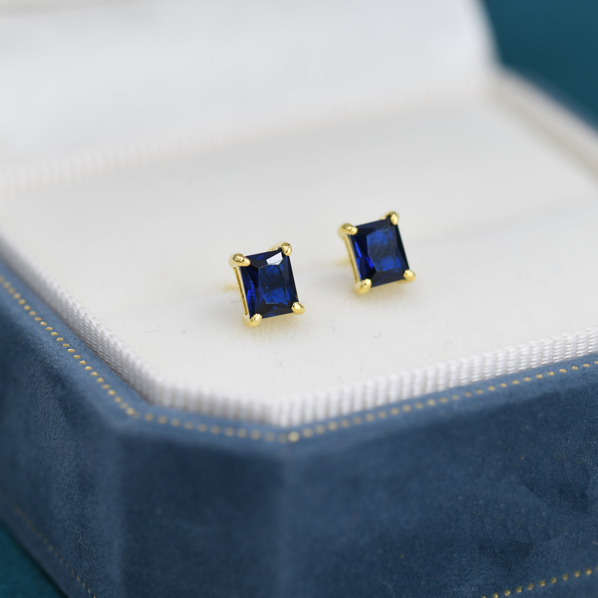 Emerald Cut Sapphire Blue CZ Stud Earrings in Sterling Silver, Silver or Gold, Square Cut Crystal Earrings, September Birthstone