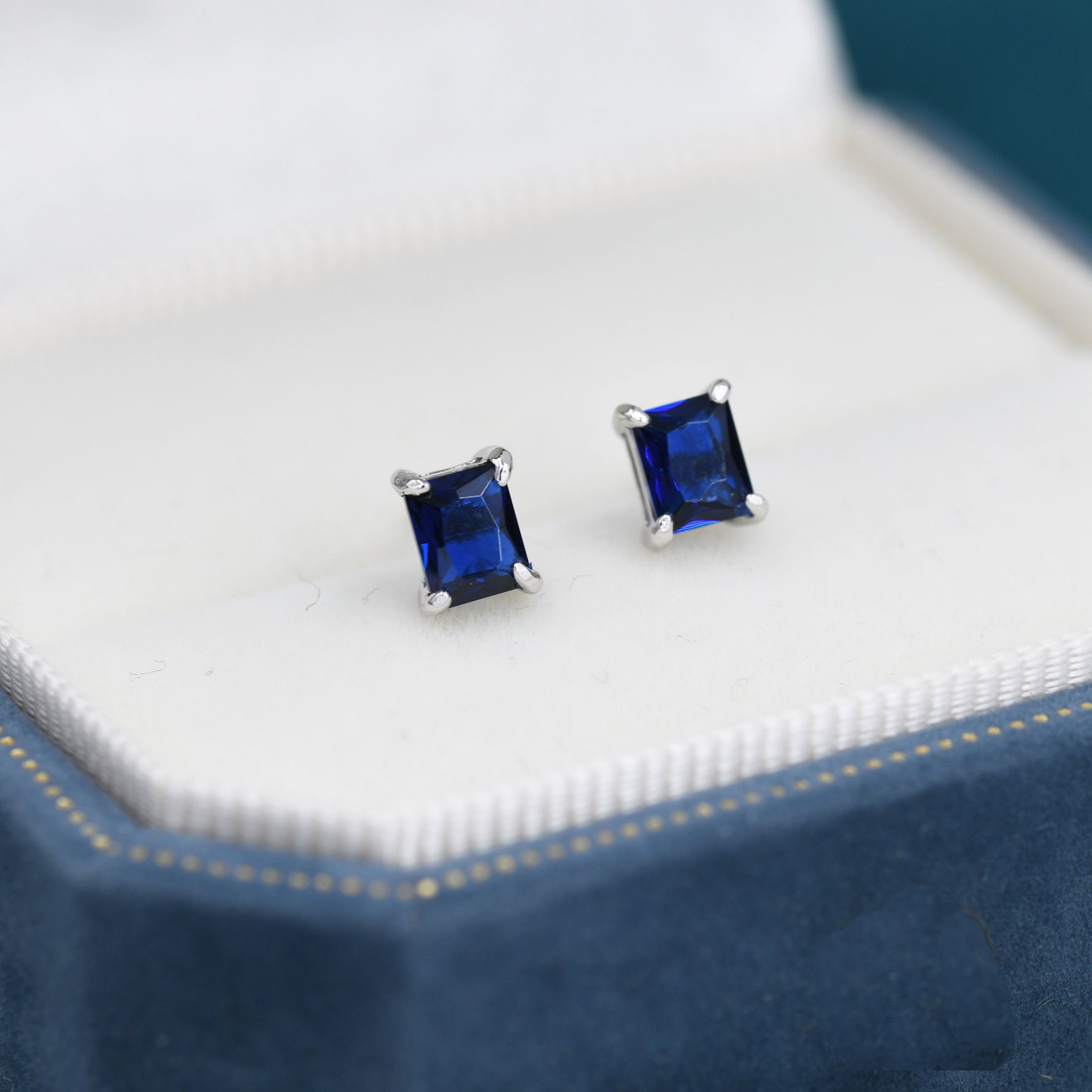 Emerald Cut Sapphire Blue CZ Stud Earrings in Sterling Silver, Silver or Gold, Square Cut Crystal Earrings, September Birthstone