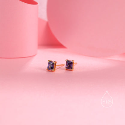 Emerald Cut Amethyst Purple CZ Stud Earrings in Sterling Silver, Silver or Gold, Square Cut Crystal Earrings, February Birthstone