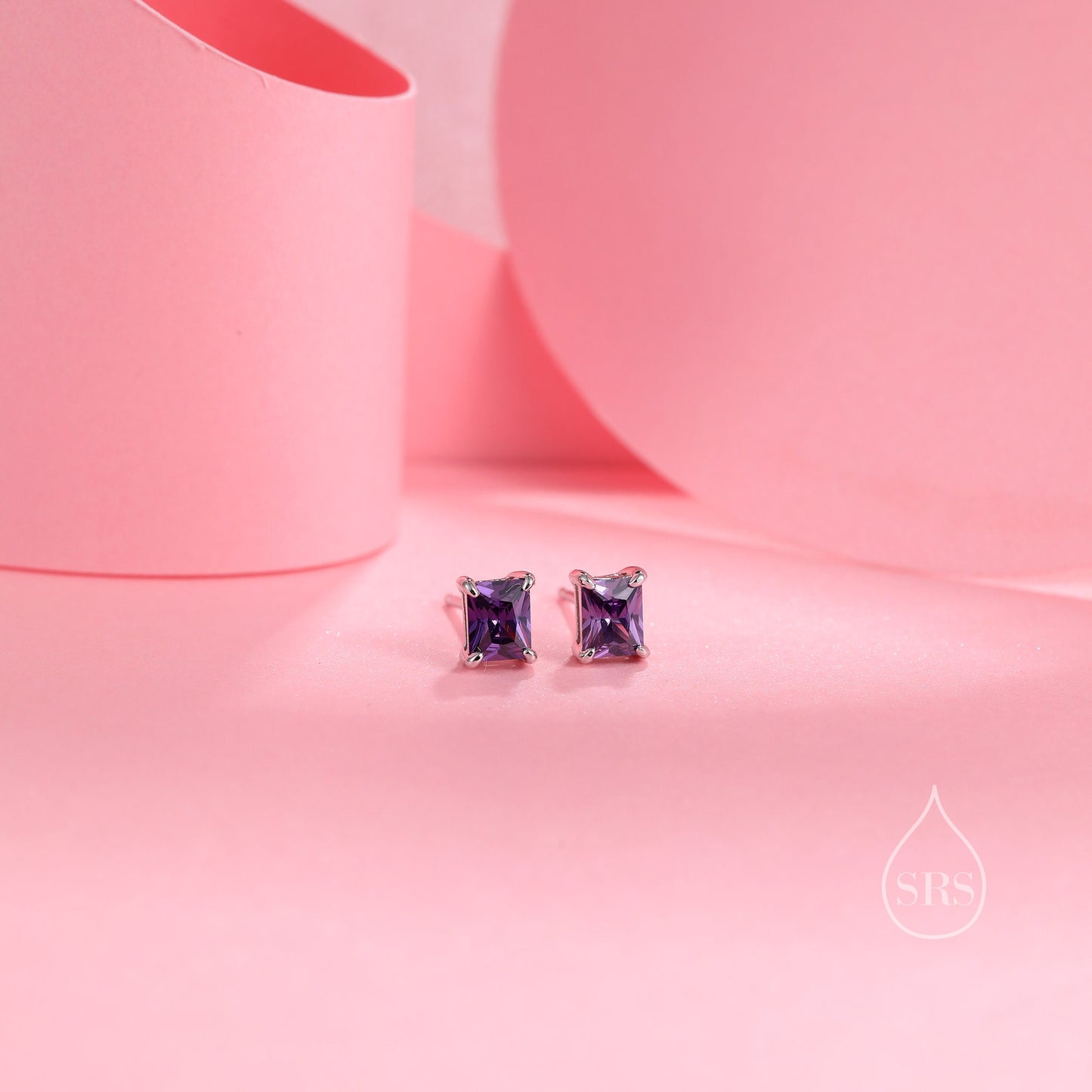 Emerald Cut Amethyst Purple CZ Stud Earrings in Sterling Silver, Silver or Gold, Square Cut Crystal Earrings, February Birthstone
