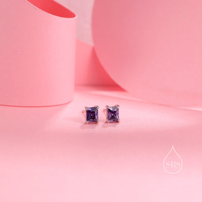 Emerald Cut Amethyst Purple CZ Stud Earrings in Sterling Silver, Silver or Gold, Square Cut Crystal Earrings, February Birthstone
