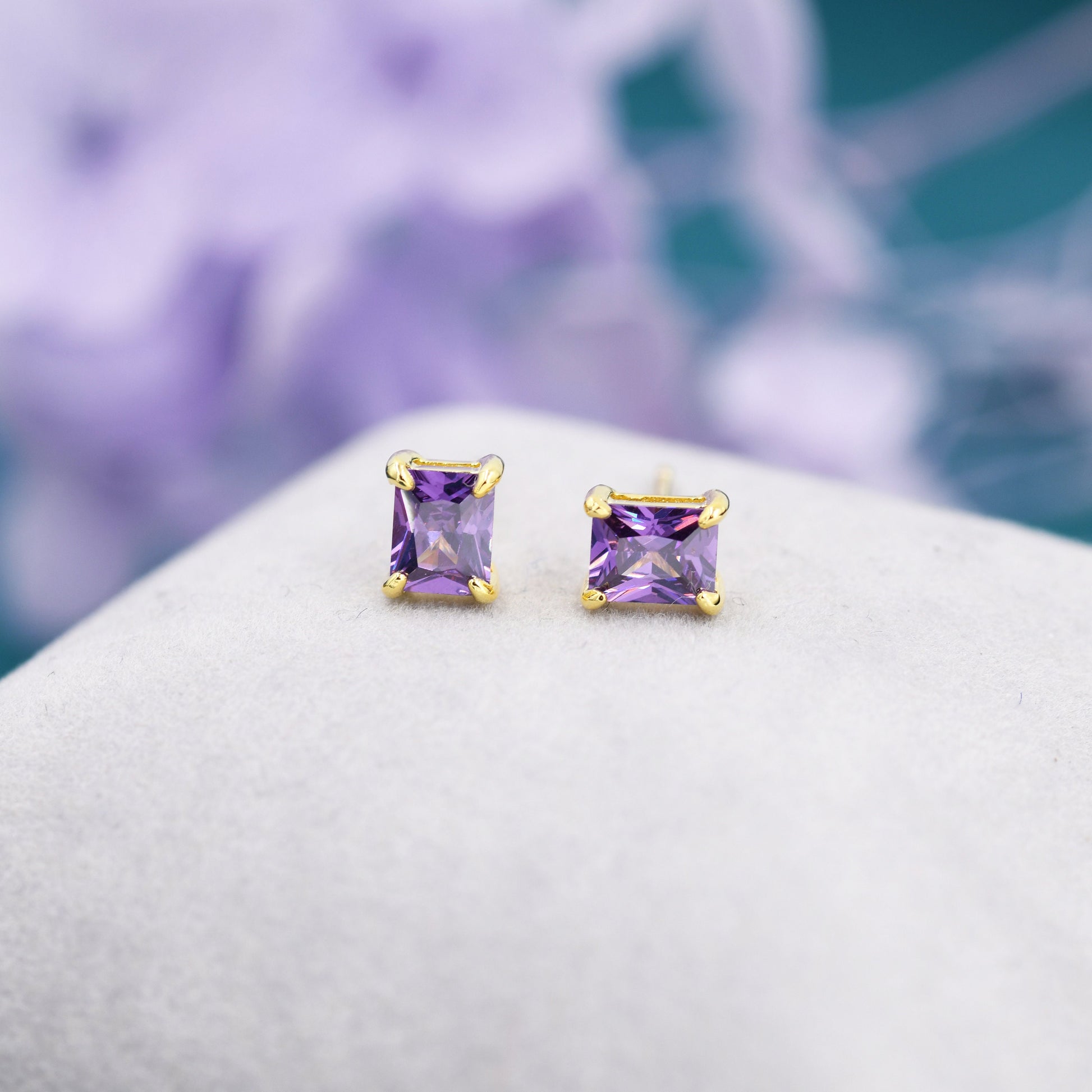Emerald Cut Amethyst Purple CZ Stud Earrings in Sterling Silver, Silver or Gold, Square Cut Crystal Earrings, February Birthstone