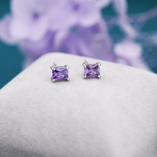 Emerald Cut Amethyst Purple CZ Stud Earrings in Sterling Silver,  Silver or Gold, Square Cut Crystal Earrings, February Birthstone