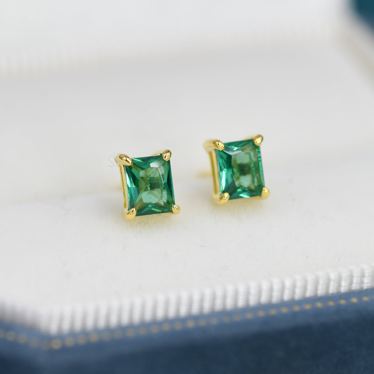 Emerald Cut Emerald Green CZ Stud Earrings in Sterling Silver, Silver or Gold, Square Cut Crystal Earrings, May Birthstone
