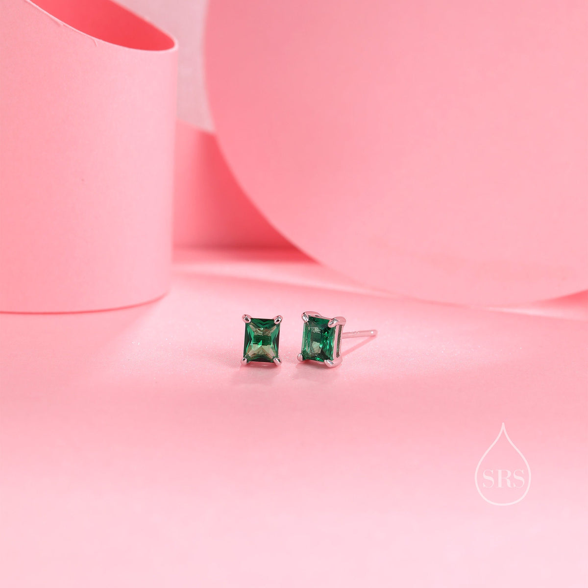 Emerald Cut Emerald Green CZ Stud Earrings in Sterling Silver, Silver or Gold, Square Cut Crystal Earrings, May Birthstone