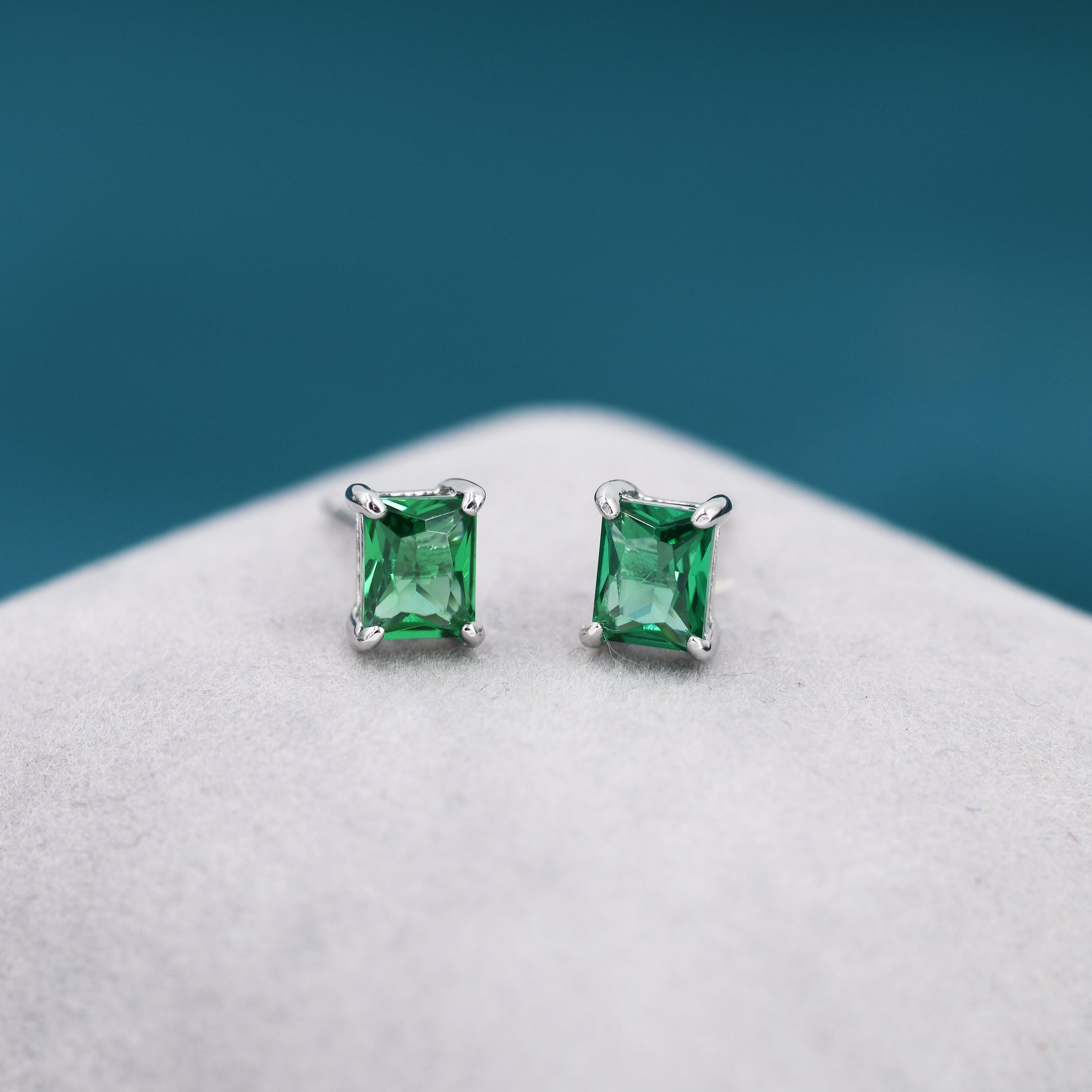 Emerald Cut Emerald Green CZ Stud Earrings in Sterling Silver, Silver or Gold, Square Cut Crystal Earrings, May Birthstone